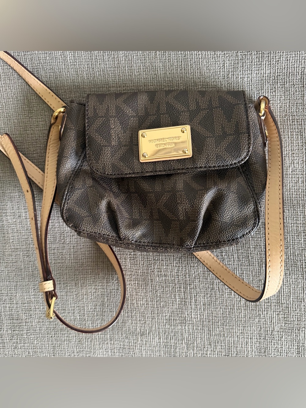 Michael Kors Brown Logo Crossbody with Gold Plate